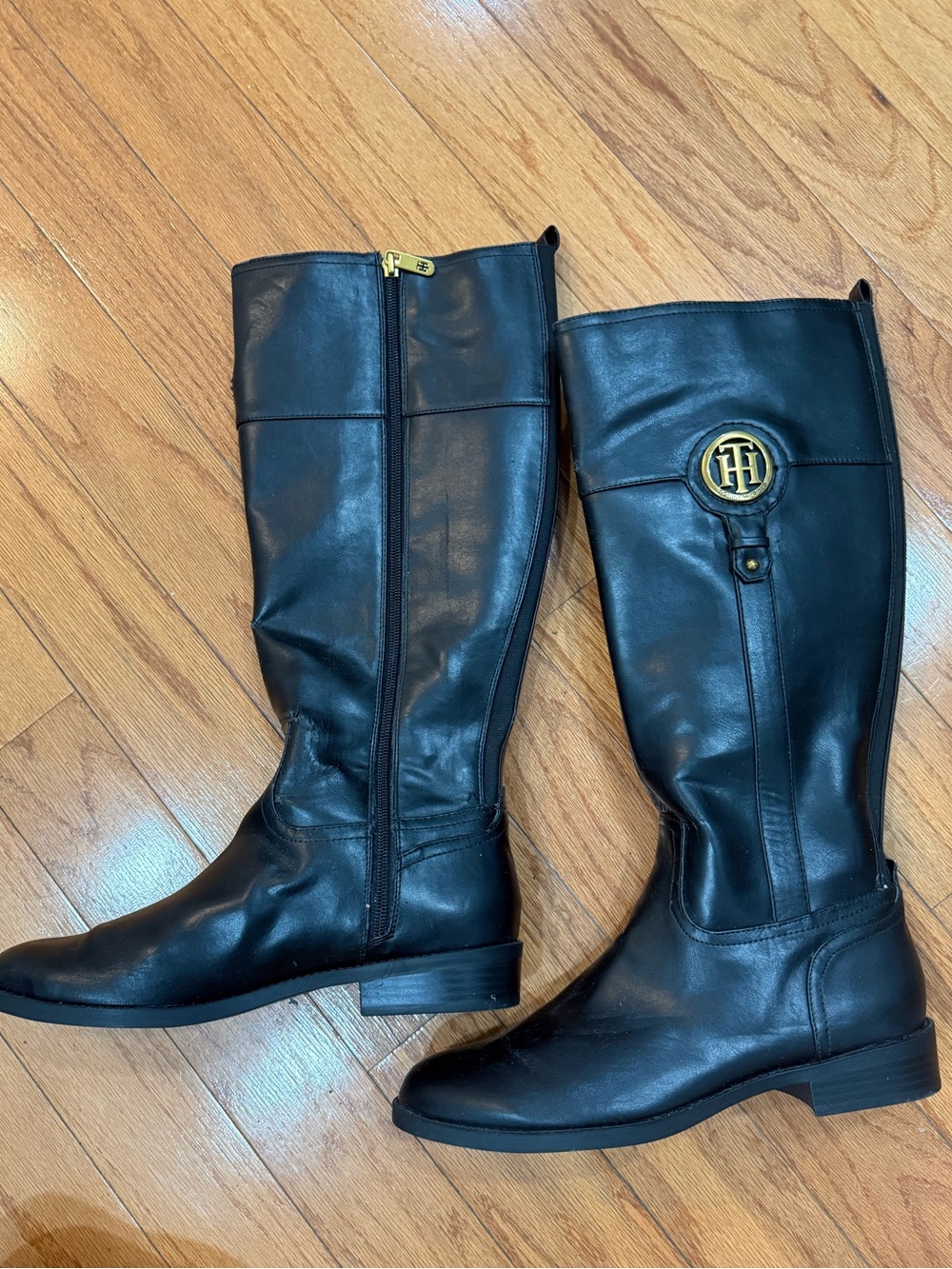 Tommy Hilfiger Black Knee-High Leather Riding Boots with Gold Logo